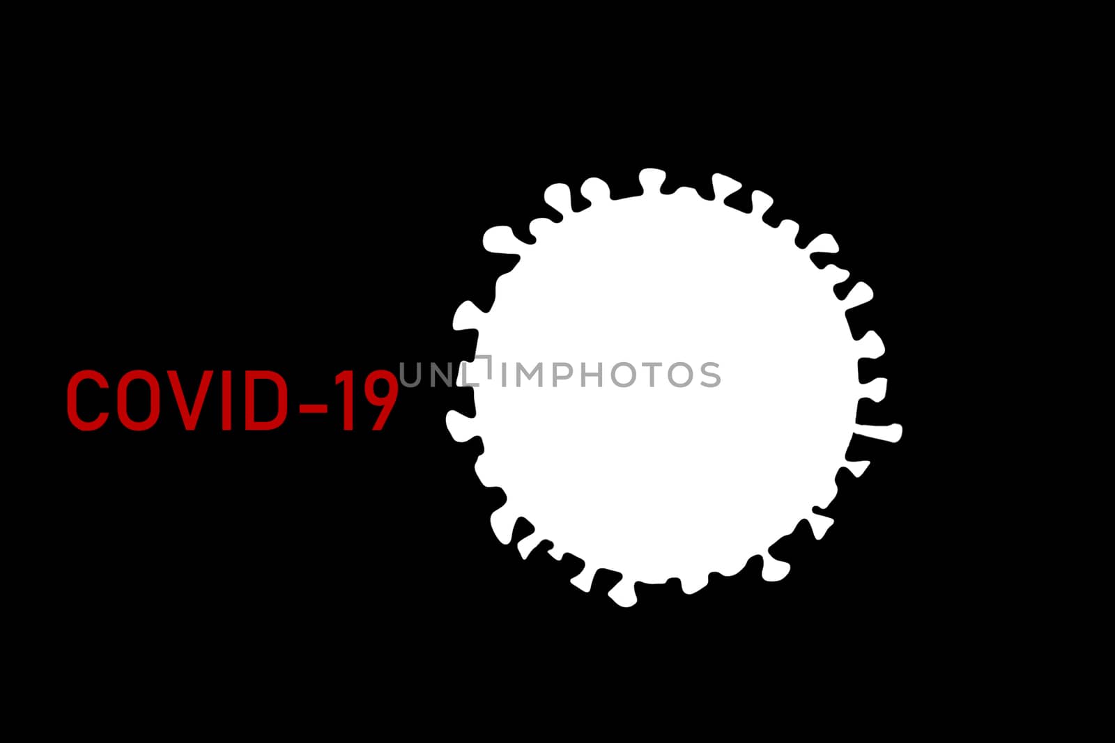 Covid-19 model illustration of white corona virus on black background with red title. drawing by Maridav