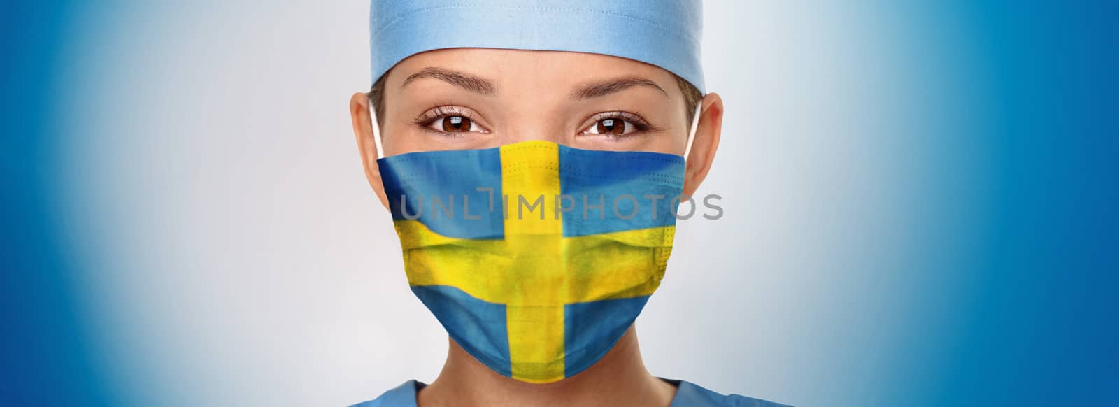 Sweden flag print on swedish Asian nurse or doctor woman happy face portrait on blue background panoramic banner. COVID-19 Coronavirus concept.