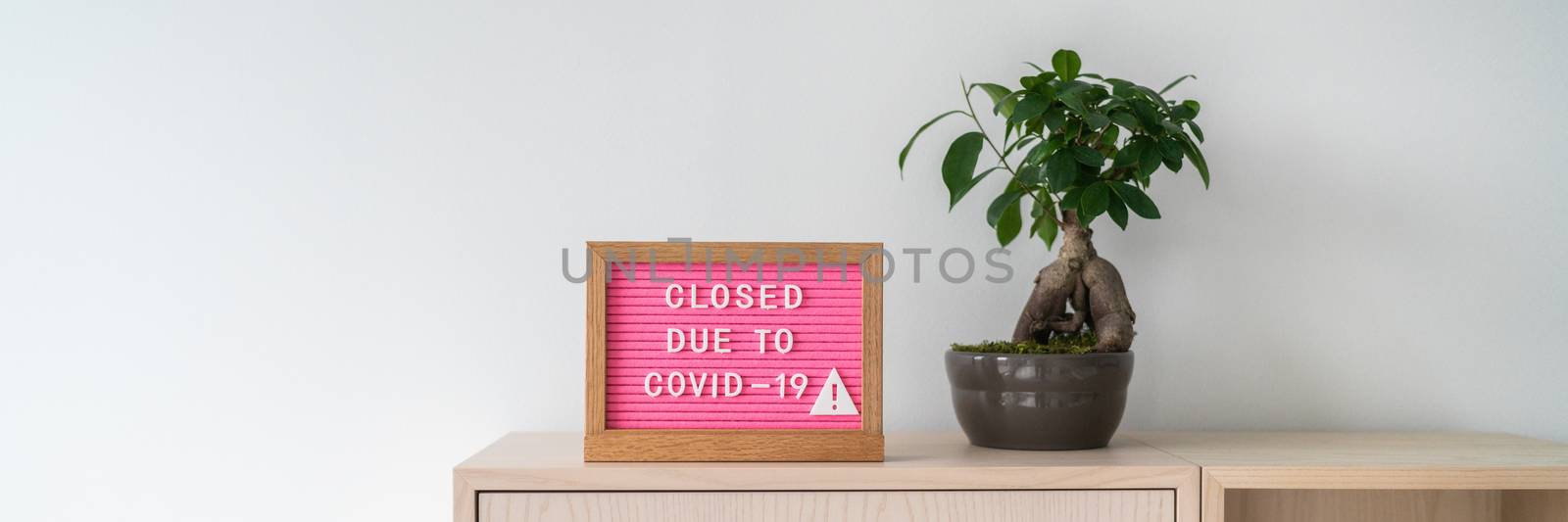 Closed sign at retail store business banner. Pink cute felt letter board on shelf with plant with notice of closure due to COVID-19 small businesses going bankrupt amidst coronavirus by Maridav