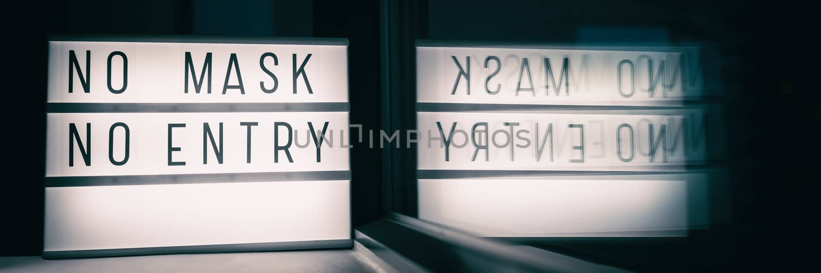 NO MASK NO ENTRY. Covid-19 mask wearing mandatory in many countries when going outside of home. Coronavirus protection obligatory measure banner panoramic.