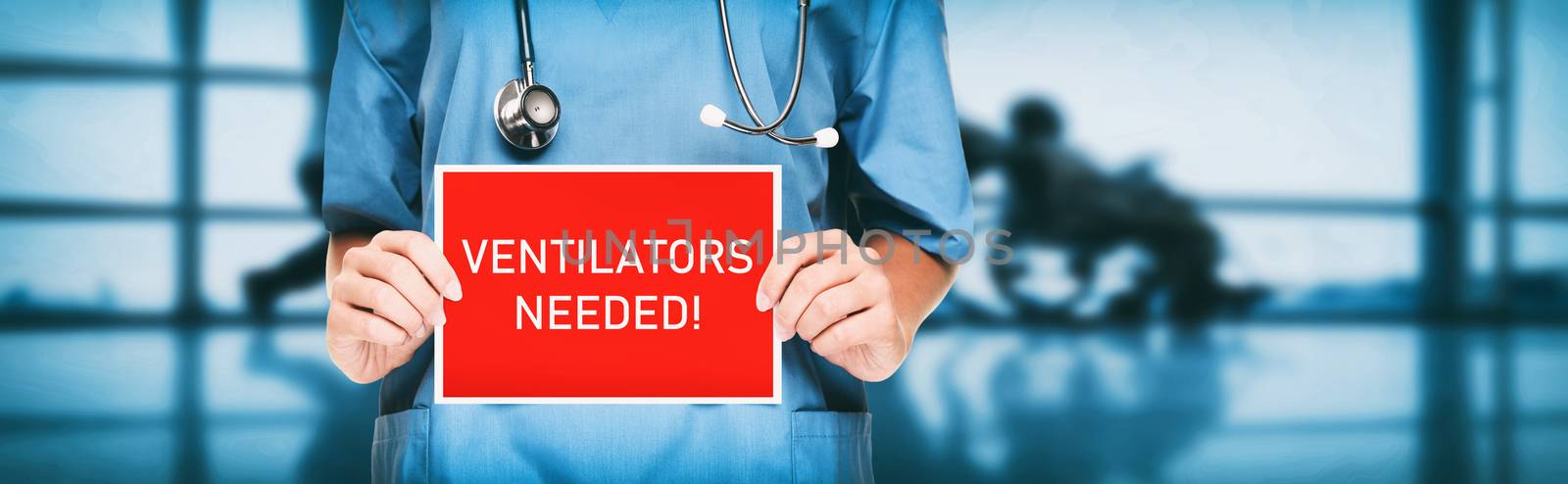COVID-19 Ventilators needed urgency. Medical doctor or nurse showing sign asking for help holding red billboard with white text. Panoramic corona virus sign banner with title by Maridav
