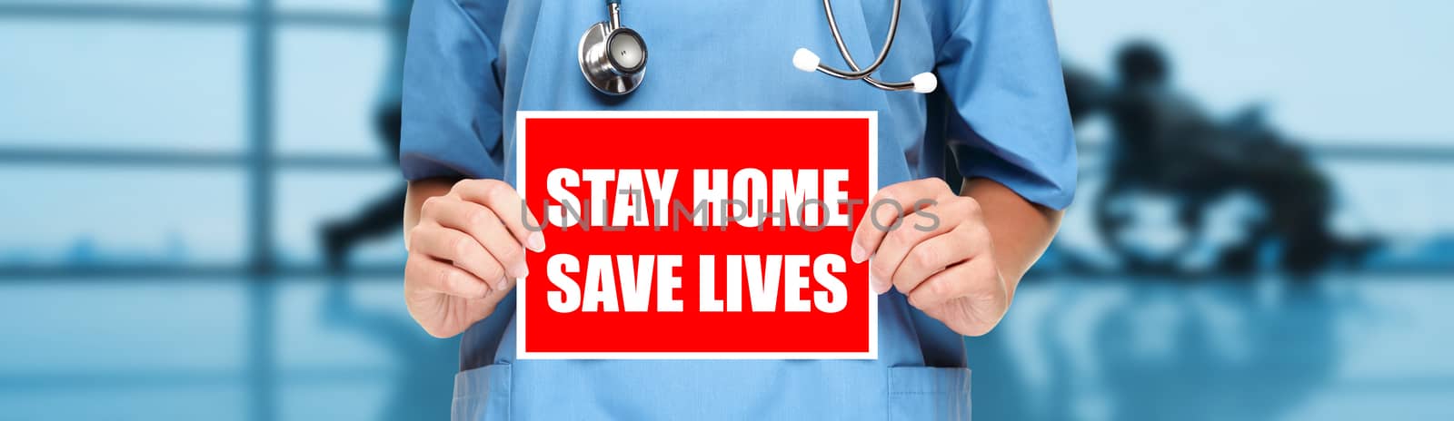 COVID-19 Social distancing quote medical nurse promoting staying at home to help workers. Coronavirus doctor holding sign in hospital background. Panoramic corona virus sign banner with text title.