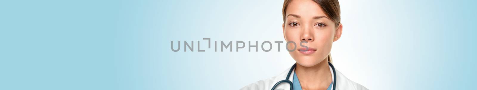 Medical doctor Asian woman portrait with serious expression banner panoramic blue background by Maridav