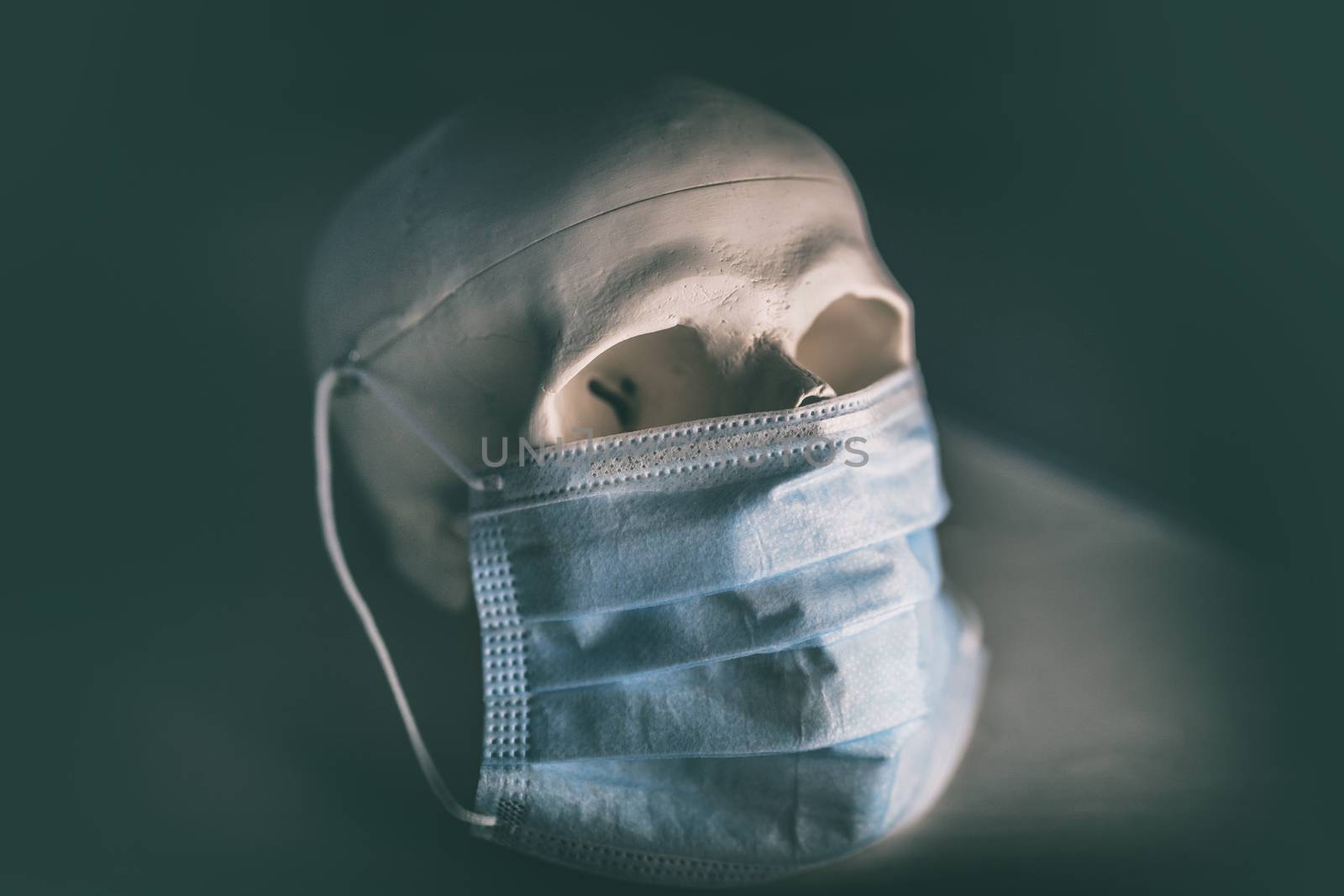 COVID-19 skull wearing face medical mask. Coronavirus death concept by Maridav