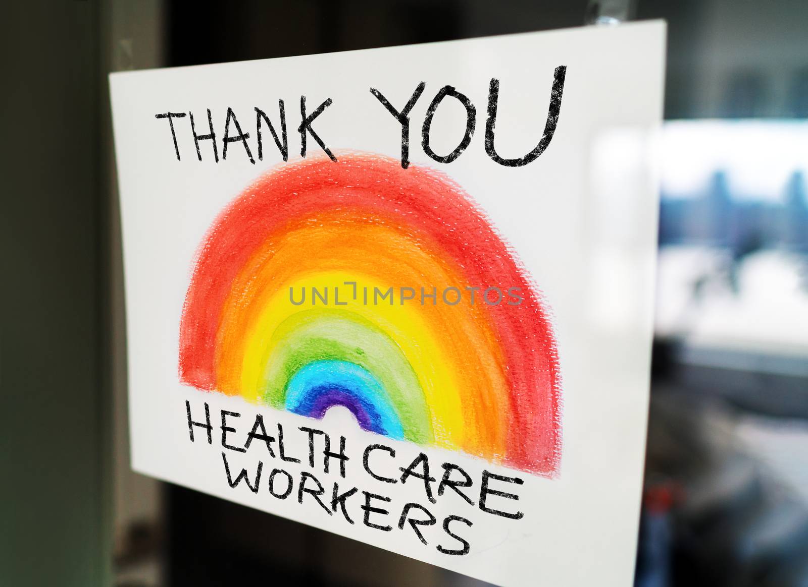 THANK YOU Healthcare workers child's painting hanging at window as appreciation support message for doctors and nurses fighting COVID-19 at hospitals by Maridav