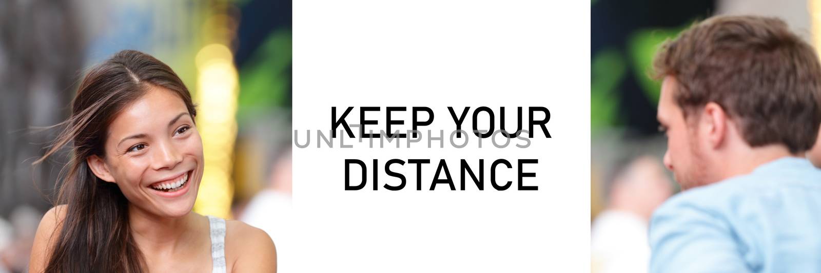 KEEP YOUR DISTANCE Covid-19 warning sign for people meeting talking together panoramic banner. Asian woman speaking to man.