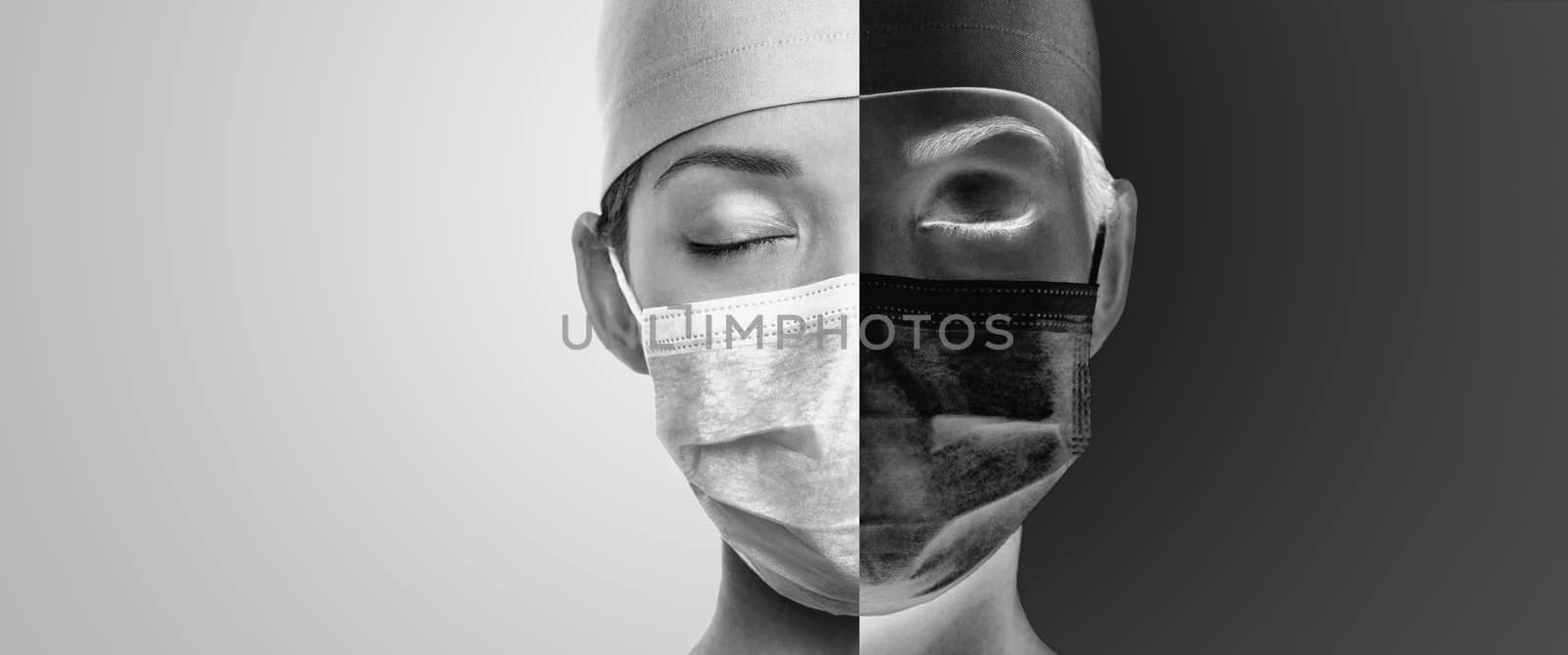 Two dark sides of COVID-19. Sad doctor with closed eyes tired wearing mask with face divided in black and white banner panoramic. Coronavirus healthcare crisis by Maridav
