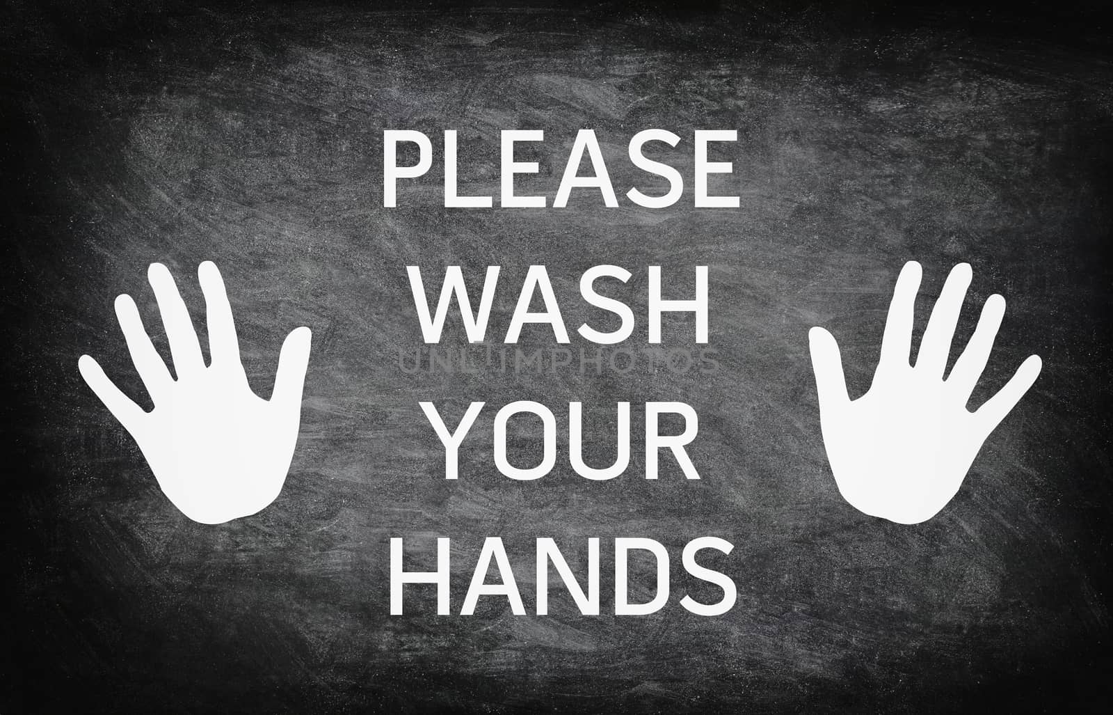 Please wash your hands notice warning at entrance sign on blackboard. Hands icon for handwashing.