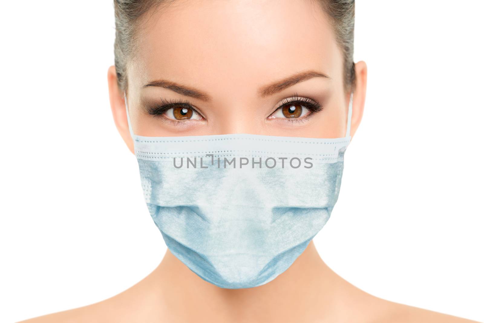 Beautiful Asian woman wearing medical face mask with eyes makeup beauty model portrait isolated on white background for Coronavirus.