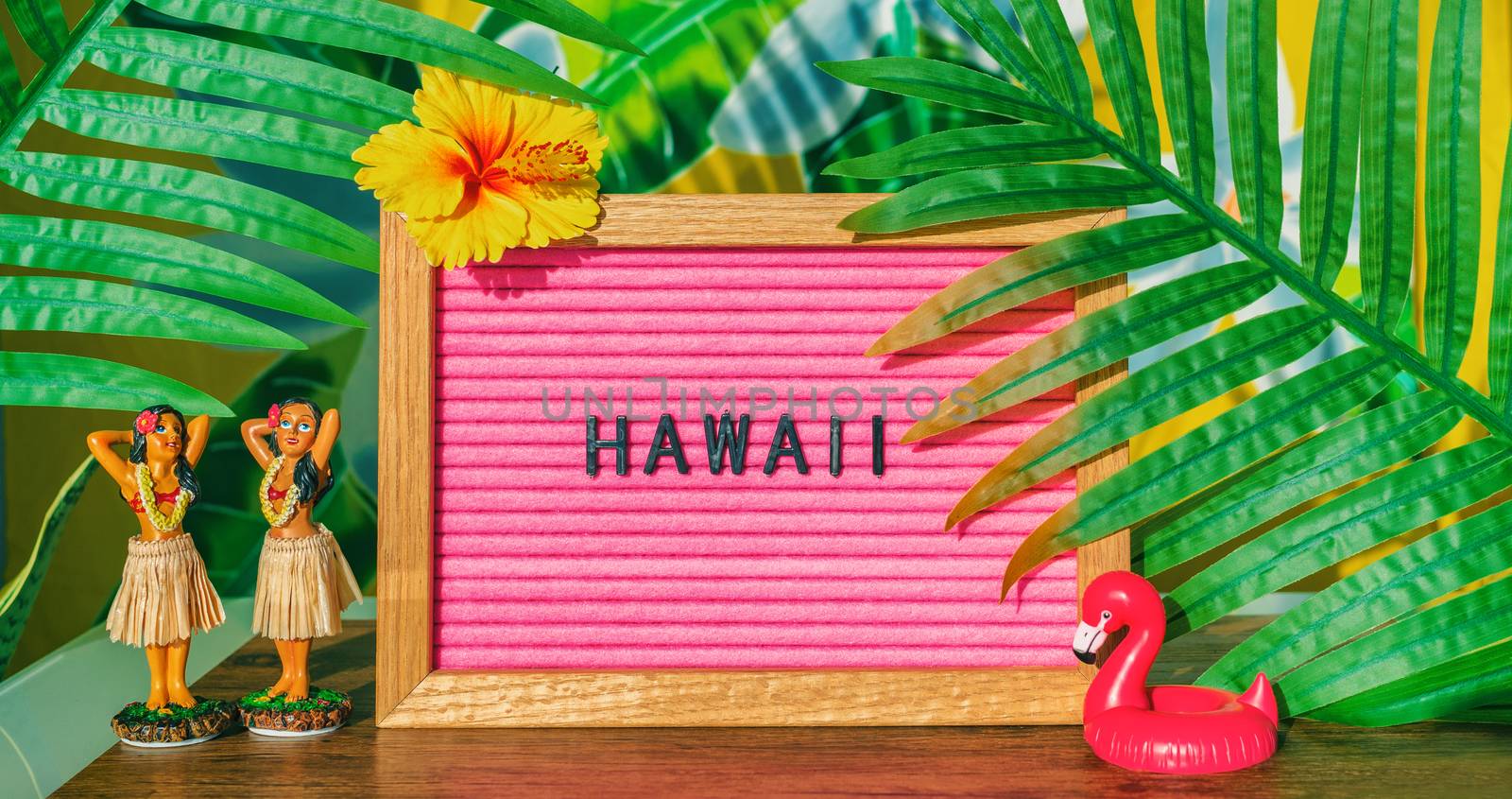 Hawaii travel retro sign with hula dancing dolls pink flamingo toy float and plastic palm tree leaves for kitsch board. Hawaiian vacation summer holidays background by Maridav