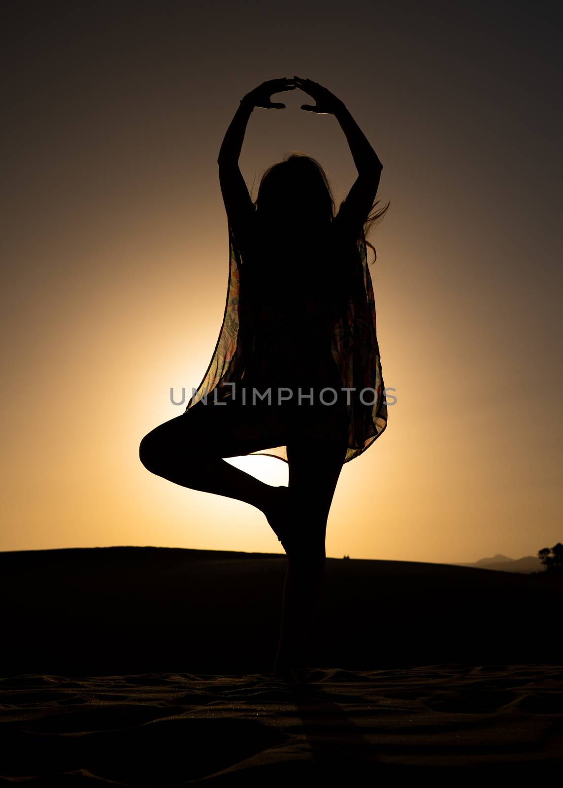 A young attractive female silhouette in a dancing stance in front of a beautiful sunset