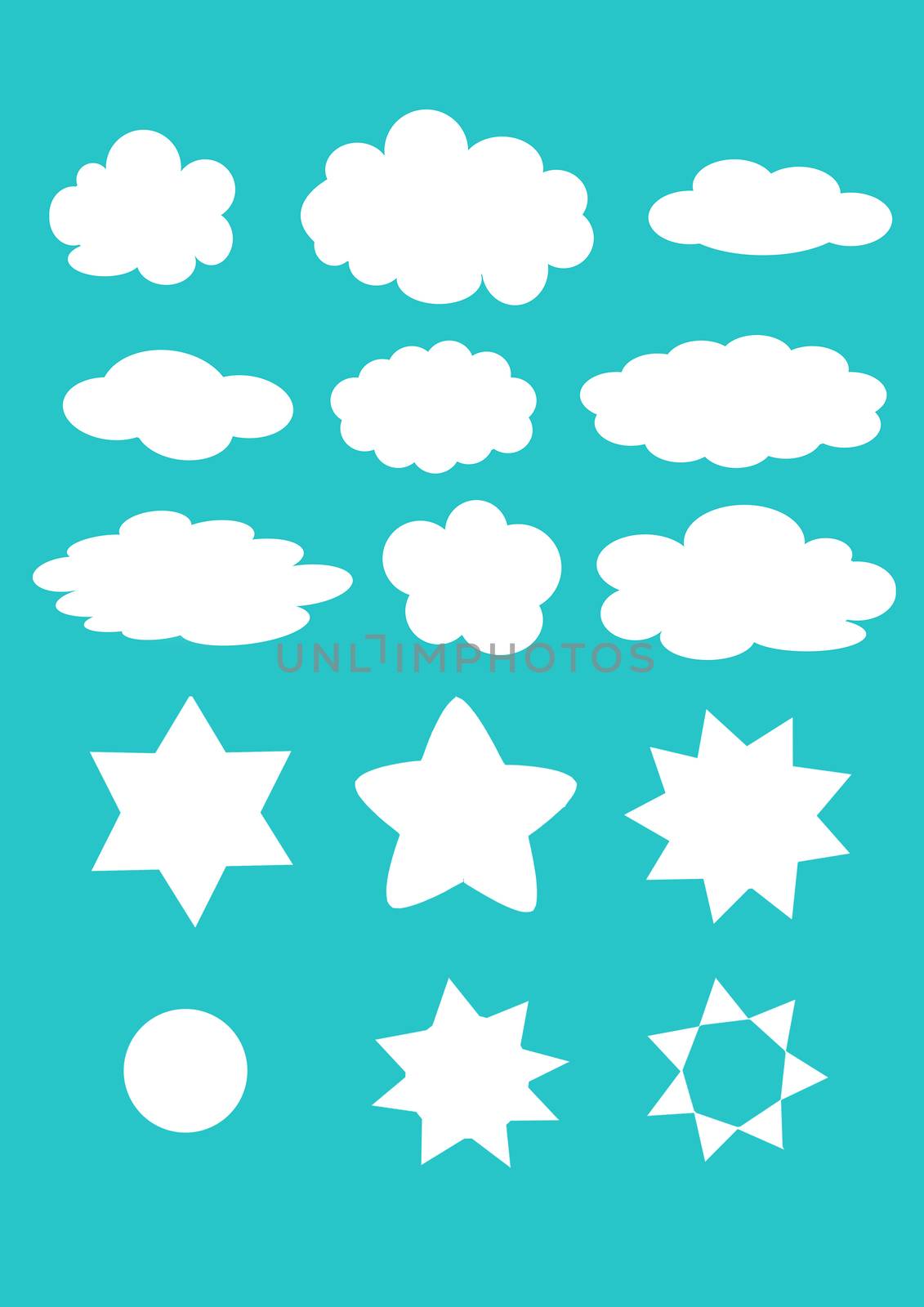 Set of clouds, stars and sun on blue background