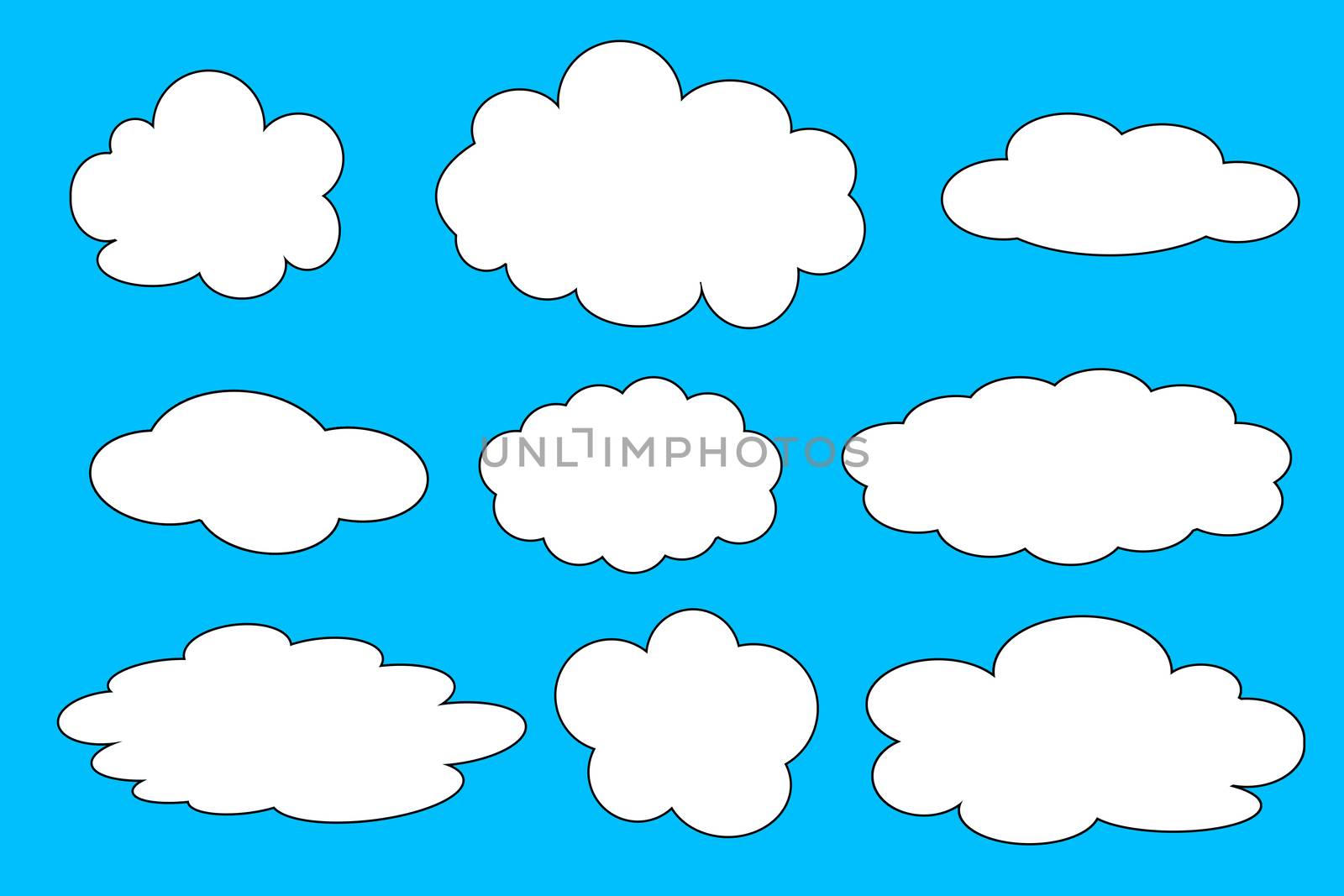 Set of different clouds illustration on blue background