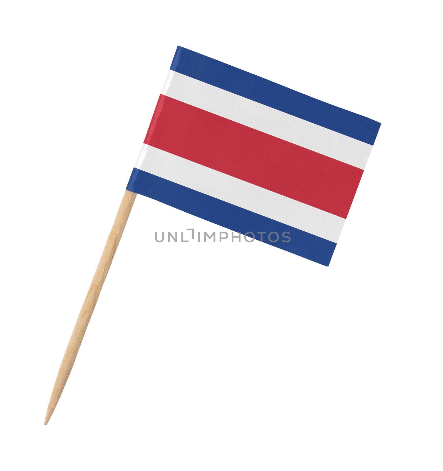 Small paper Costa Rican flag on wooden stick, isolated on white