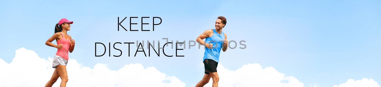 KEEP DISTANCE social distancing COVID-19 people walking running exercising outdoor in city. Healthy active runners man woman jogging header summer lifestyle banner.