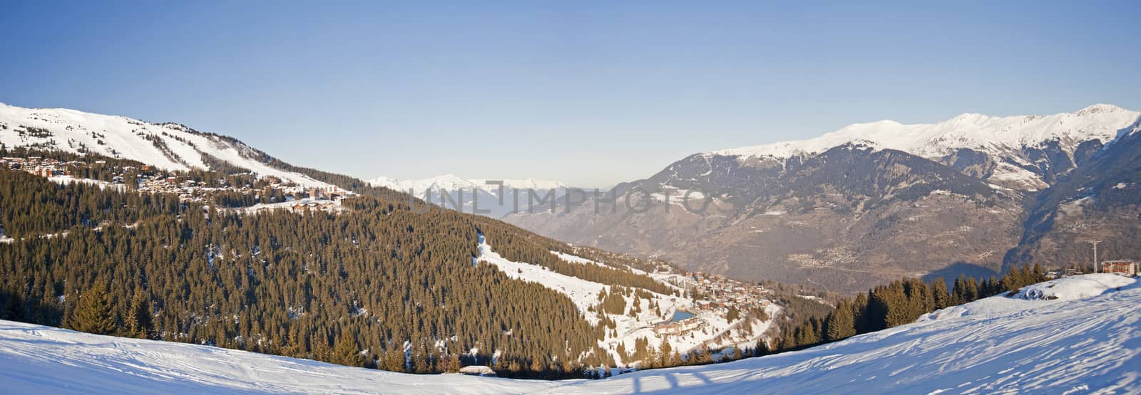 Panoramic view of a snow covered mountain range looking down valley
