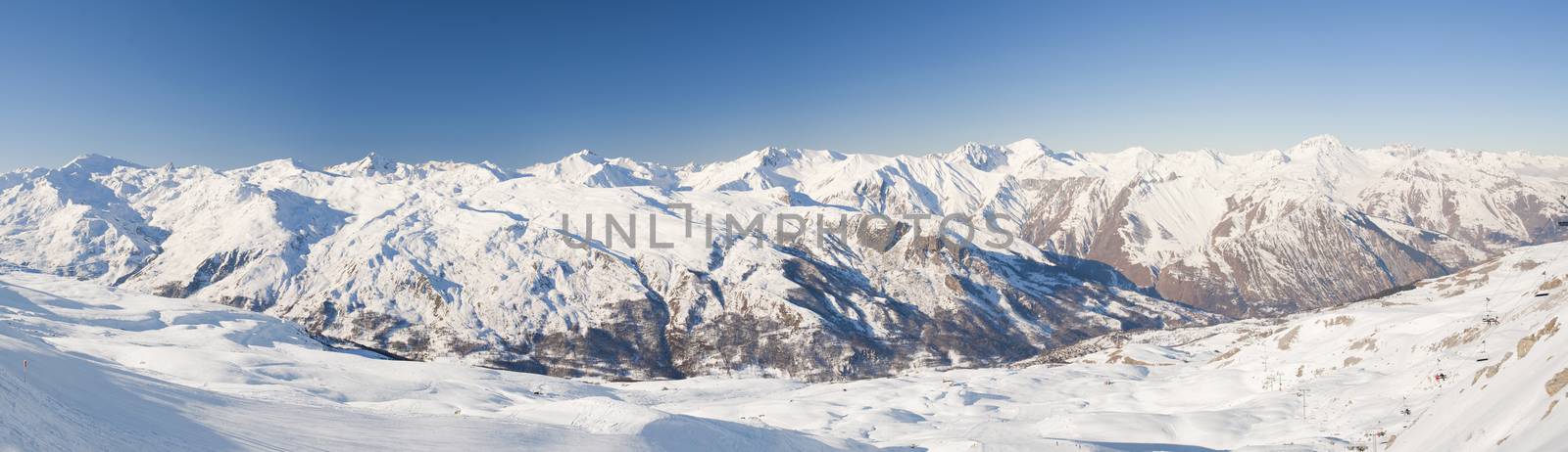 Panoramic view of a snow covered mountain range looking down valley