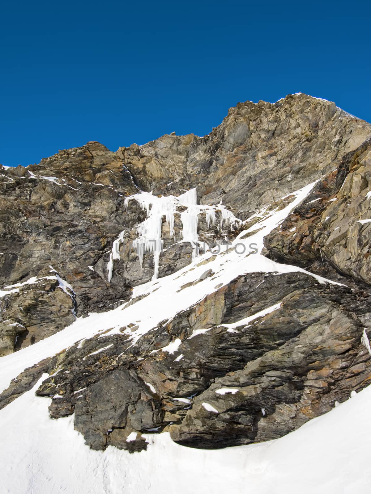A frozen waterfall at the top of an alpine mountain
