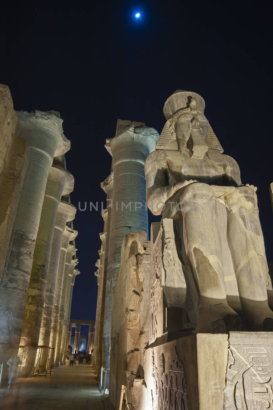 Statue and columns in hypostyle hall at Luxor Temple during nigh by paulvinten