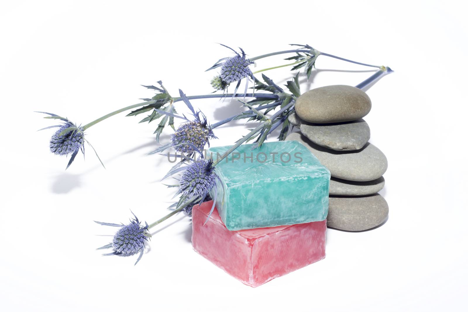 soaps off various shades with grey sone pebbles and lavender