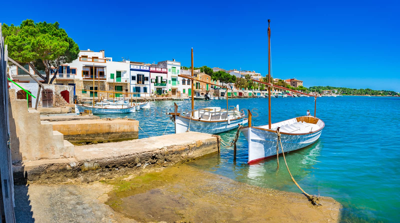 Panorama view of fishing harbor in Porto Colom on Mallorca, Balearic Islands