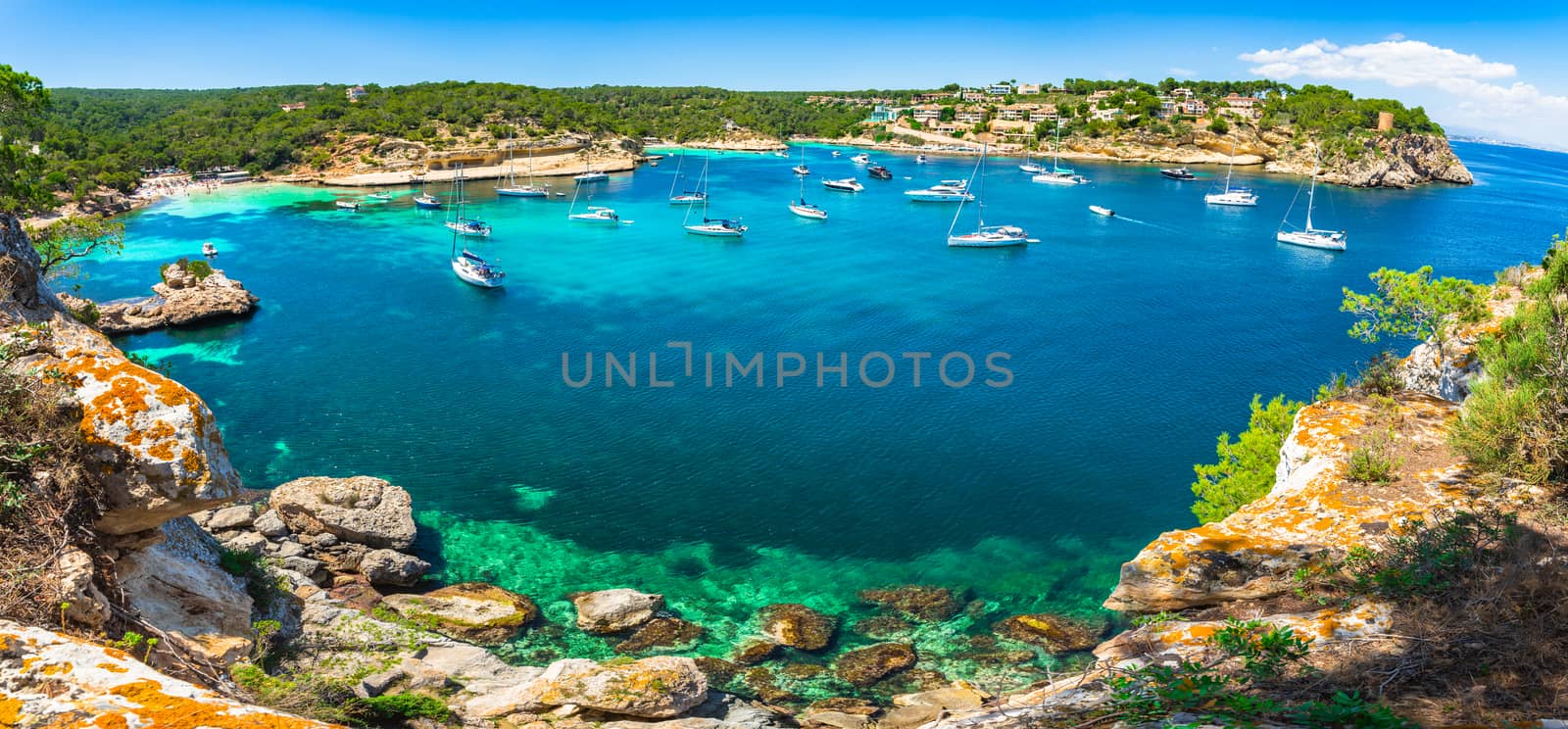 Bay with luxury boats at Portals Vells beach, Mallorca island, Spain Mediterranean Sea