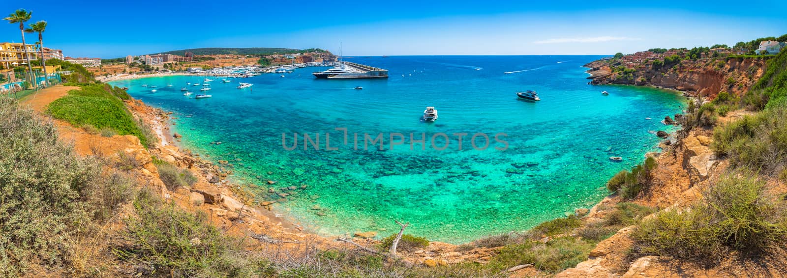 Panorama view of Port Adriano marina and beach Platja es Toro at coast of Mallorca island