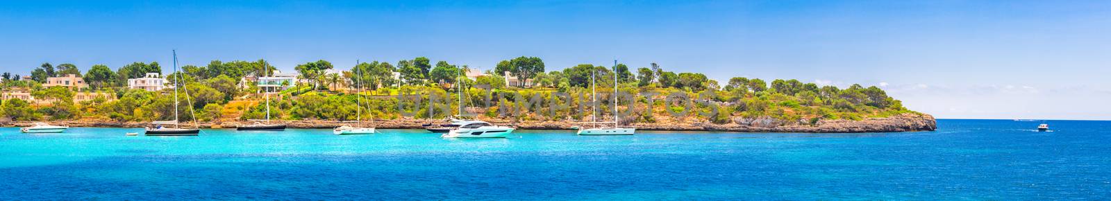 Boats at seaside of Majorca island, Spain Mediterranean Sea, panoramic view