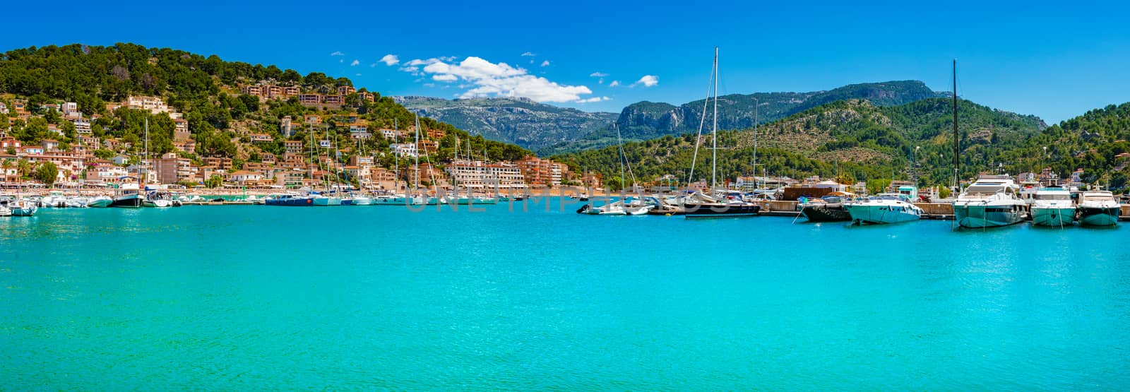 Coast sea boats panorama of marina in Port de Soller on Majorca island by Vulcano