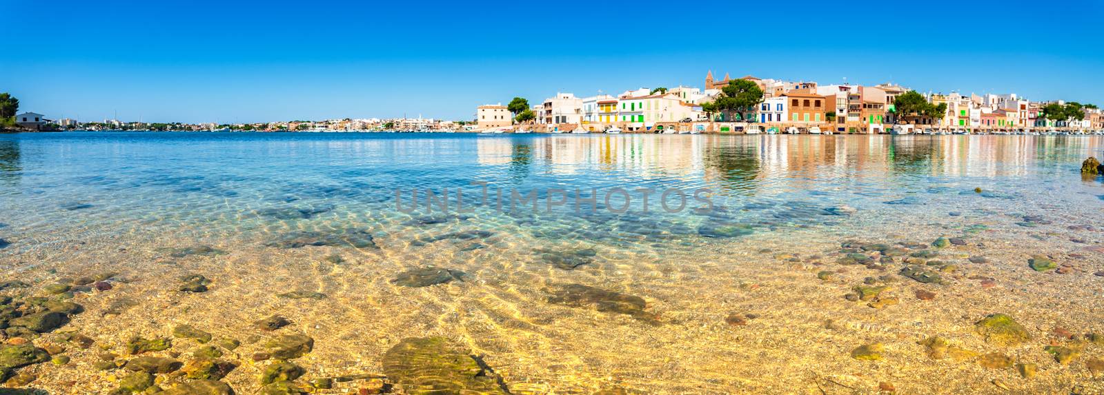 Panorama of coast in Portocolom, old fisher village on Mallorca, Mediterranean Sea