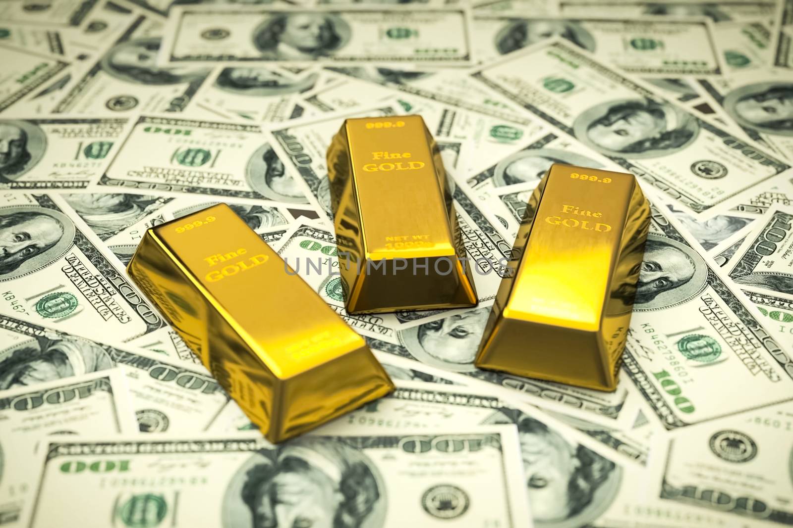 Gold bars on dollar banknotes. Gold and money.