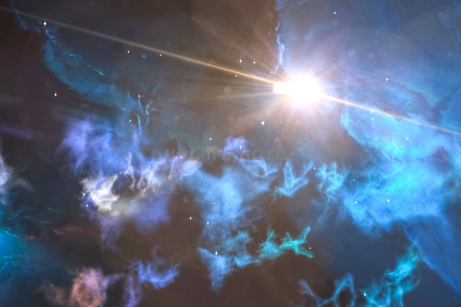 A supernova explosion in the universe among gas clouds.