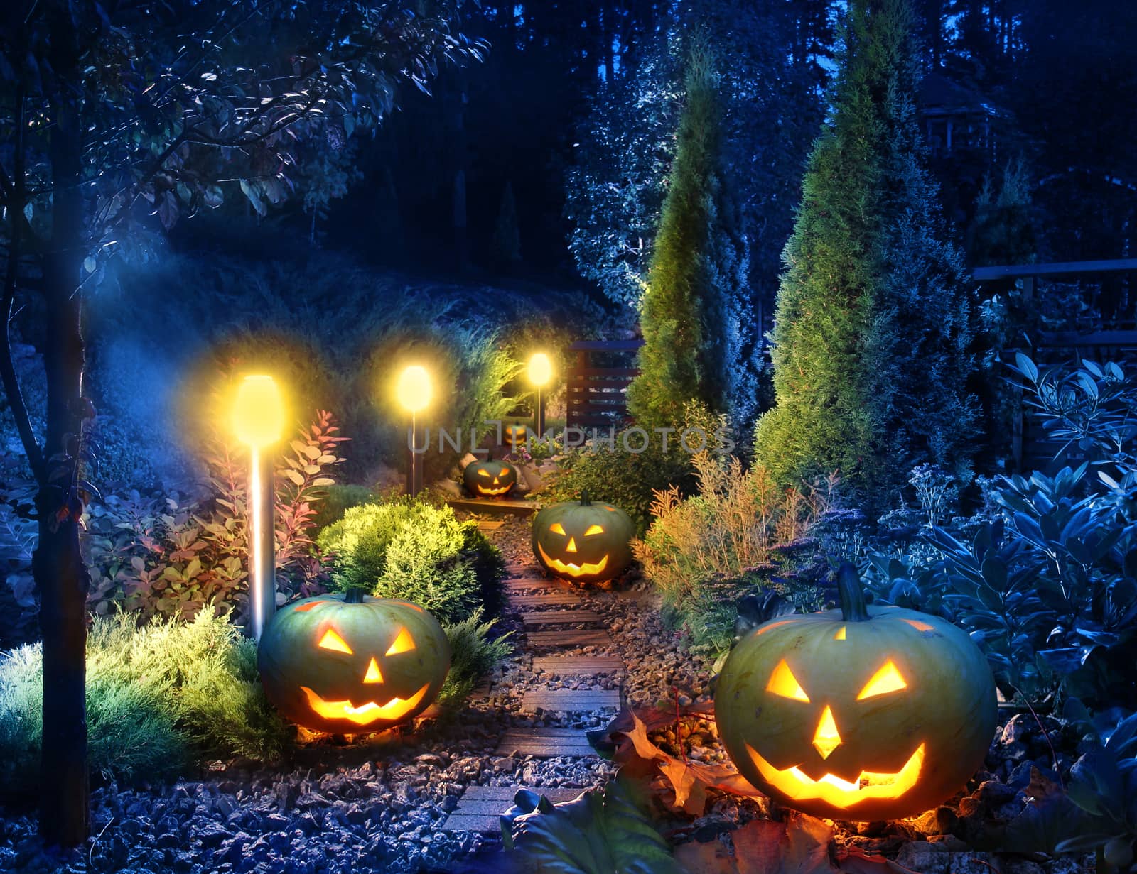 Dark blue garden patio with Jack-o-Lanterns by anterovium