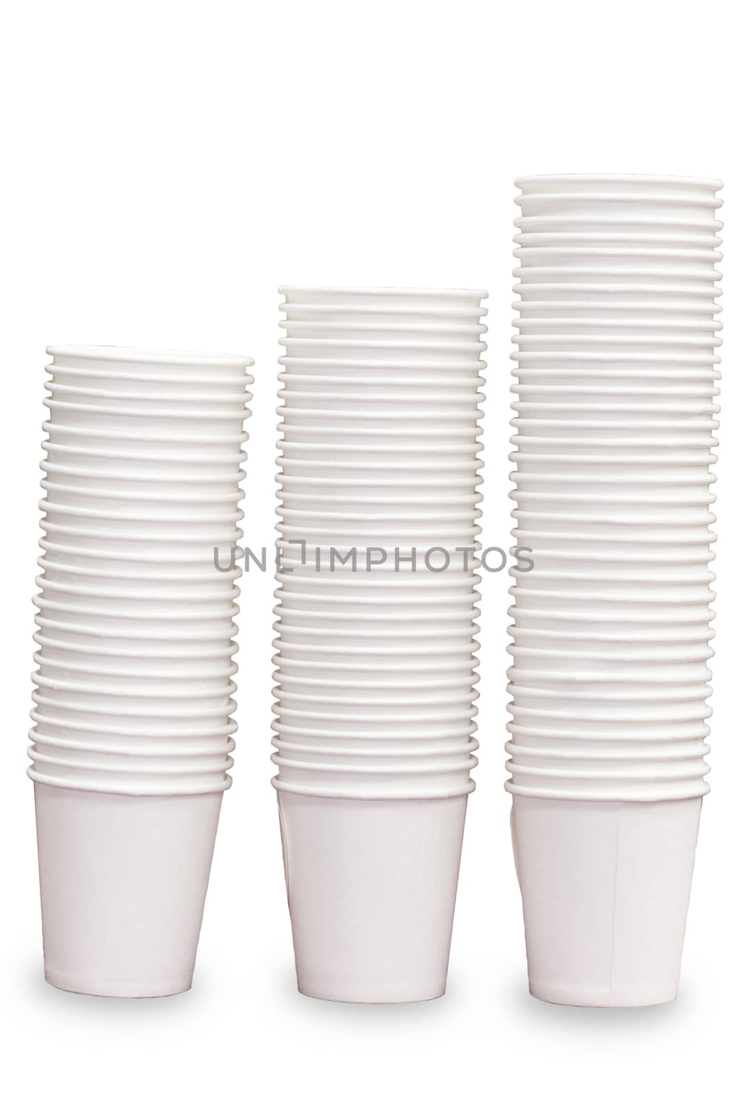 White paper cups stacked in 3 layers in a white background