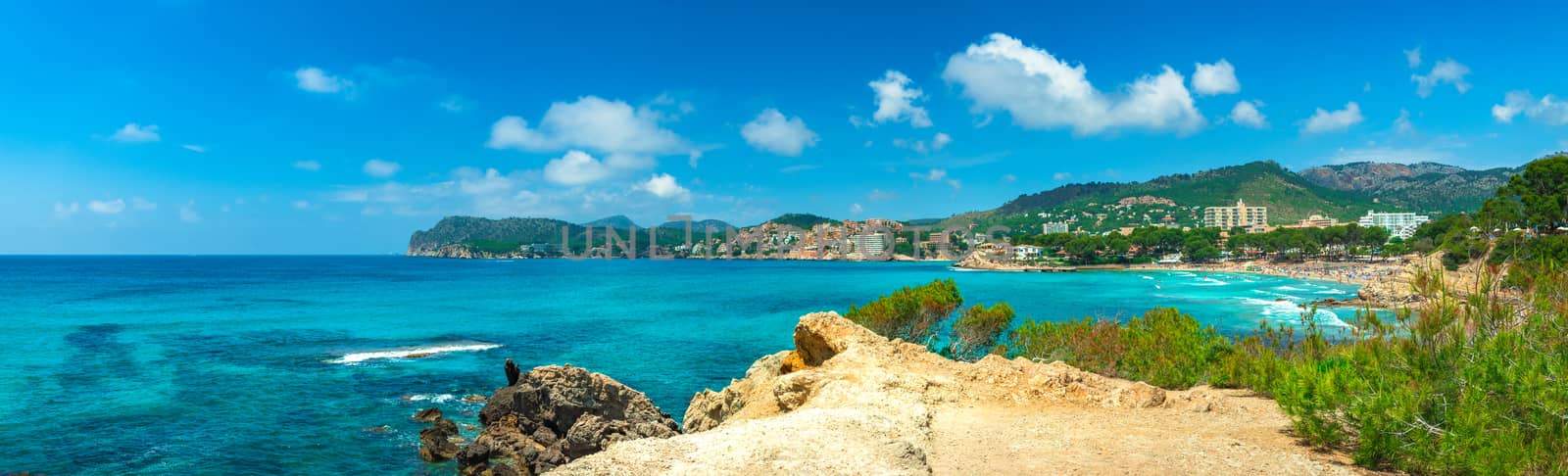Seaside panorama view of beach at Paguera and Calvia coast, Majorca Balearic Islands, Spain Mediterranean Sea by Vulcano