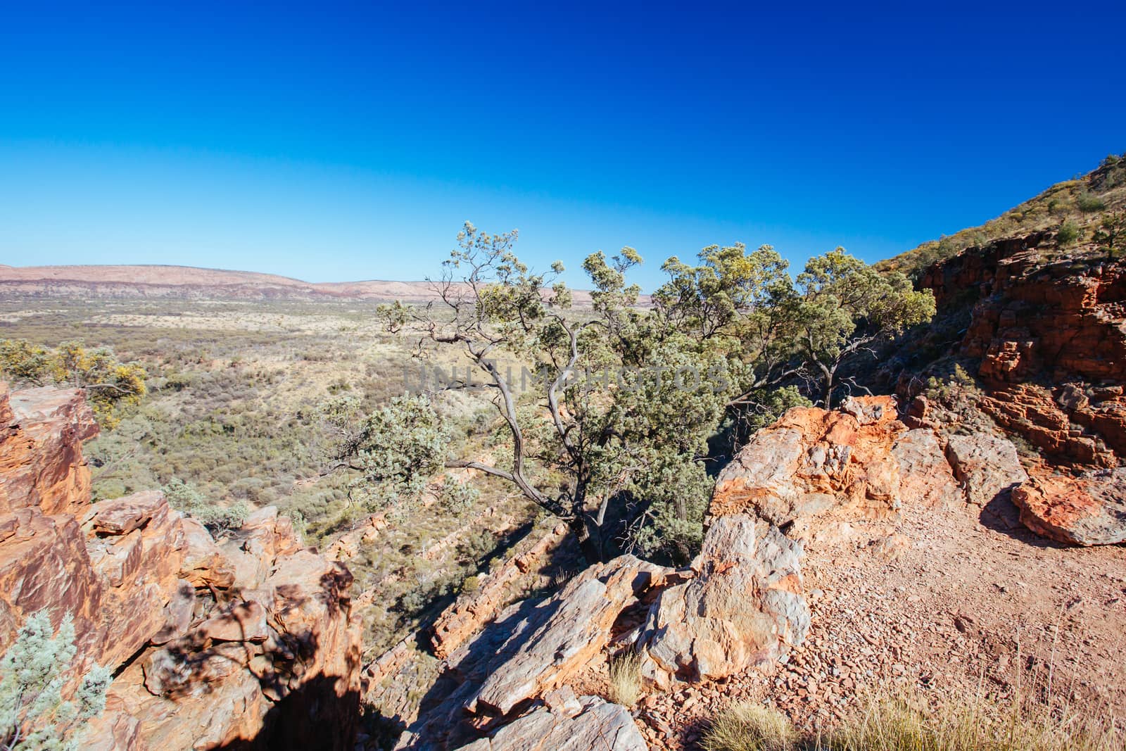 The view from the Serpentine Gorge Lookout on a clear winter's day near Alice Springs, Northern Territory, Australia