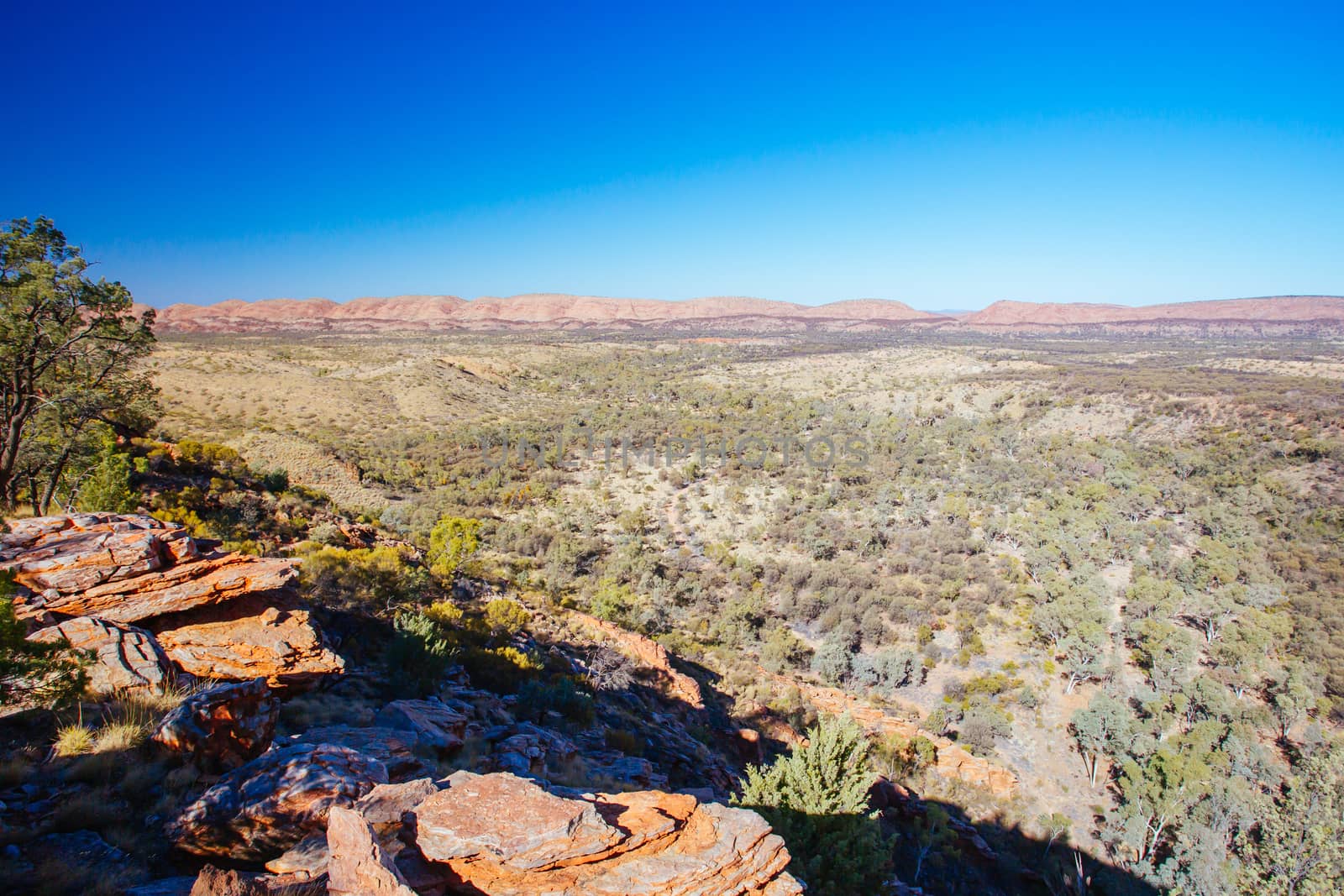 The view from the Serpentine Gorge Lookout on a clear winter's day near Alice Springs, Northern Territory, Australia