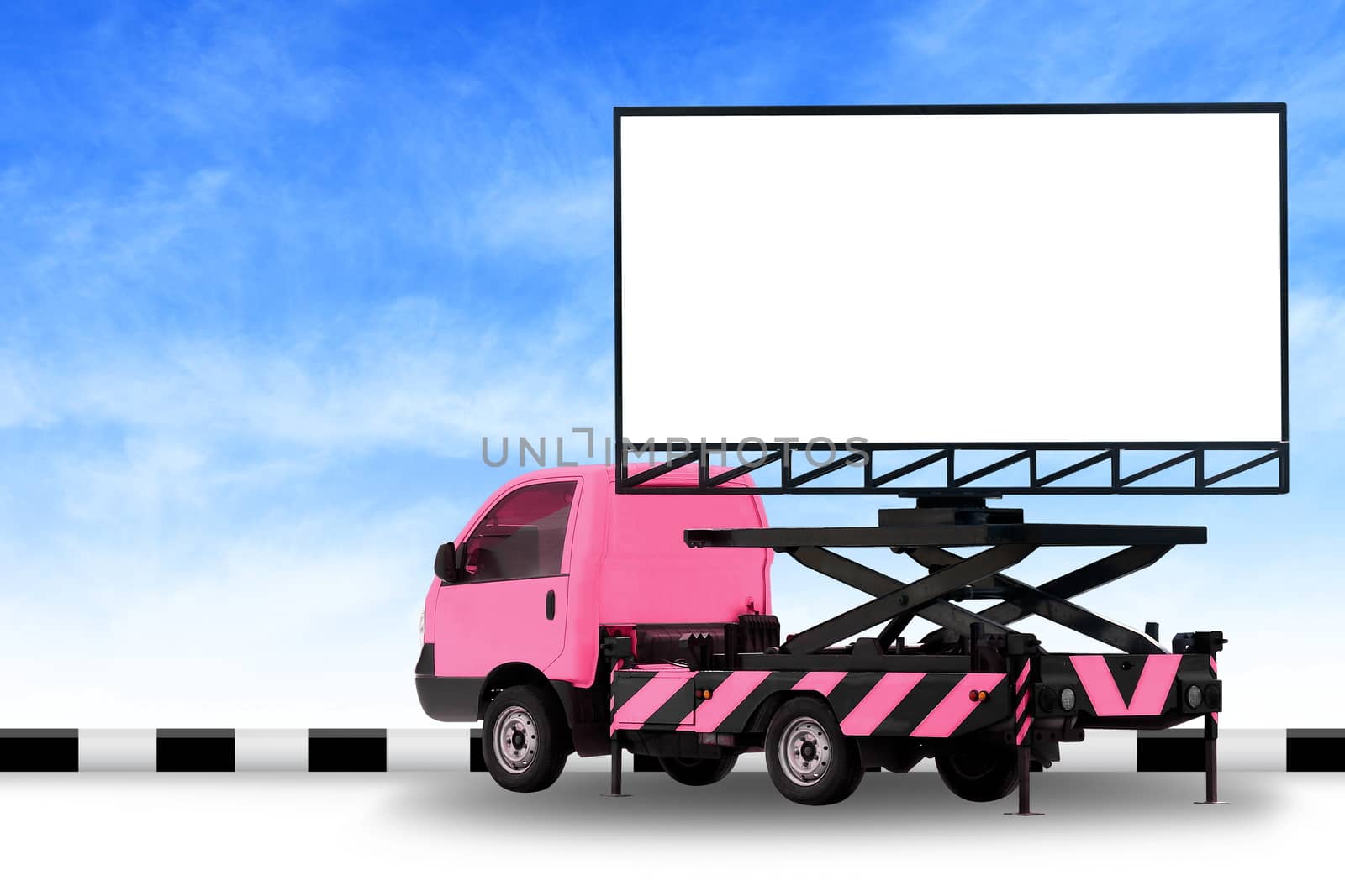 Billboard blank on car pink truck LED panel for sign Advertising isolated on background sky, Large banner and billboard Roadside for an advertisement large