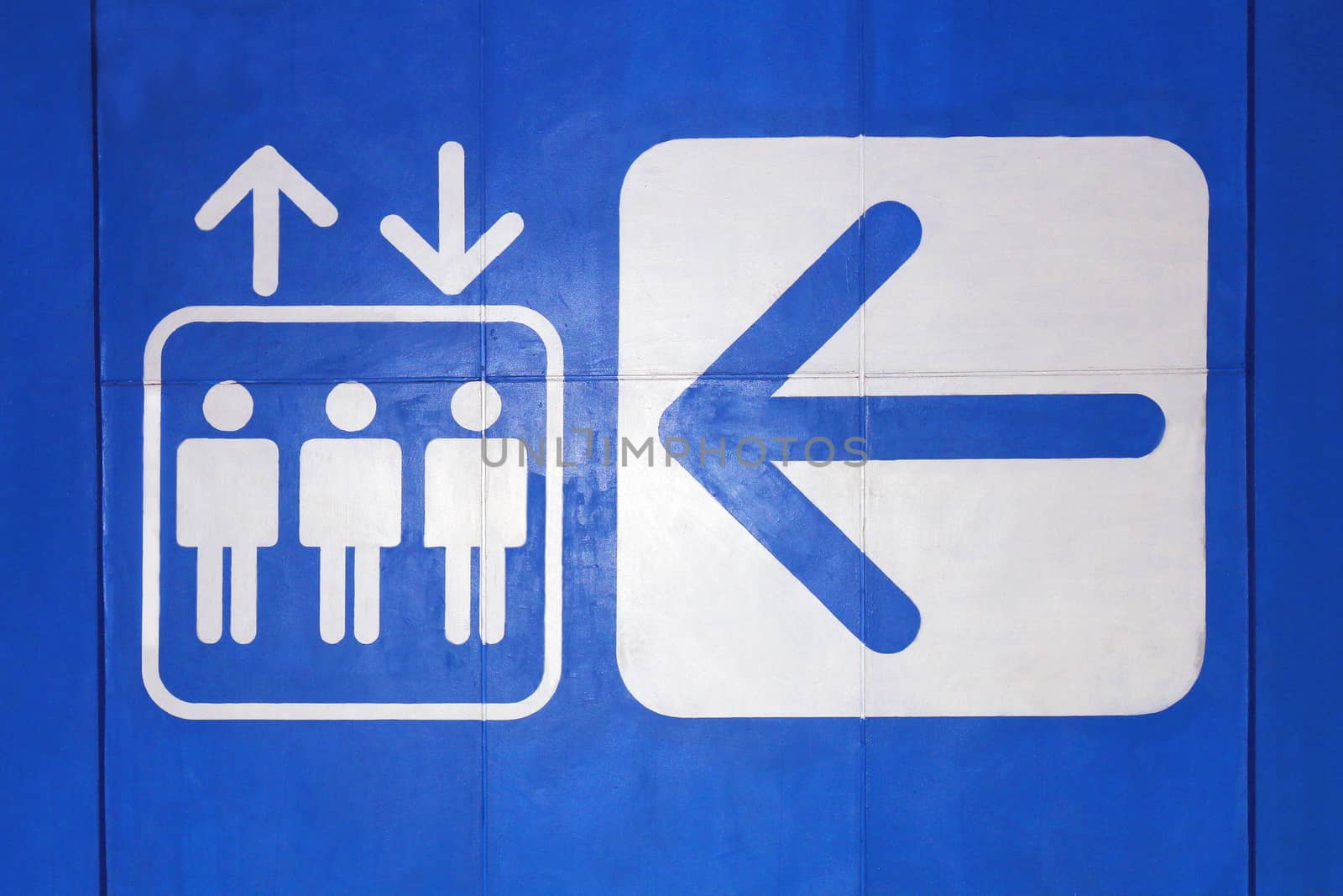 Elevator icon sign White Arrow symbol lift on blue background, Elevator symbol Concept Warning information sign Flat style on concrete wall blue