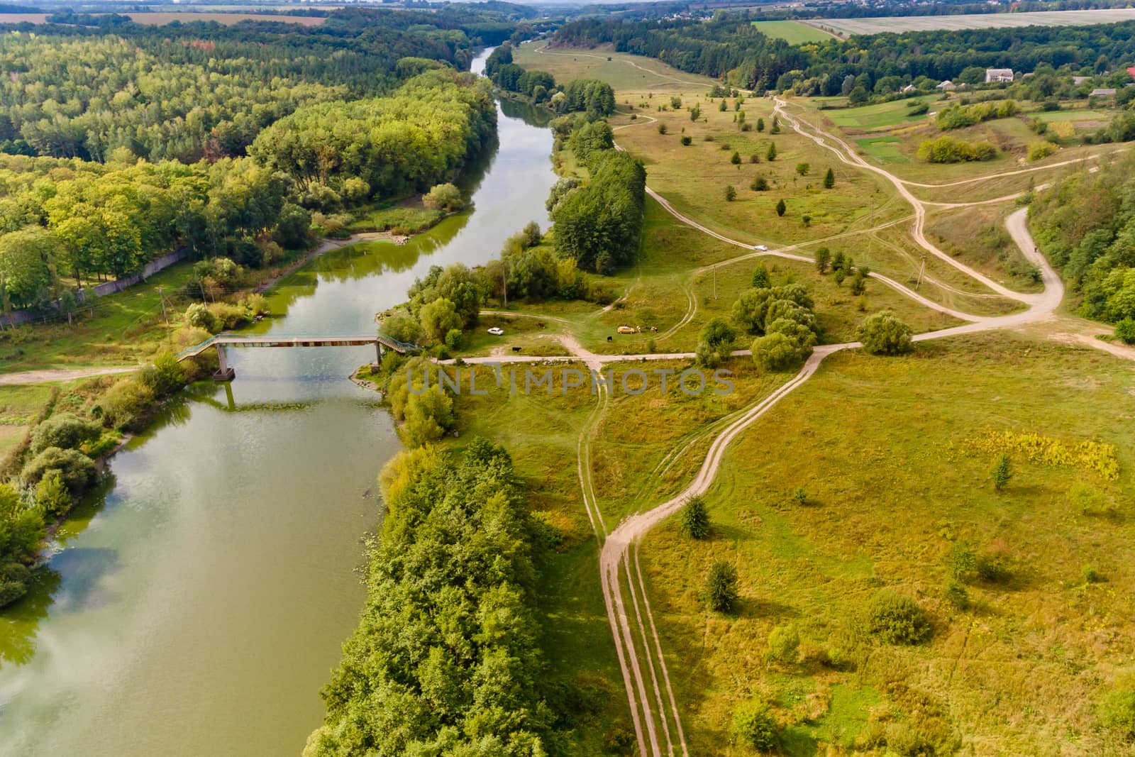 Nice view of the bridge and the river. Aerial view.