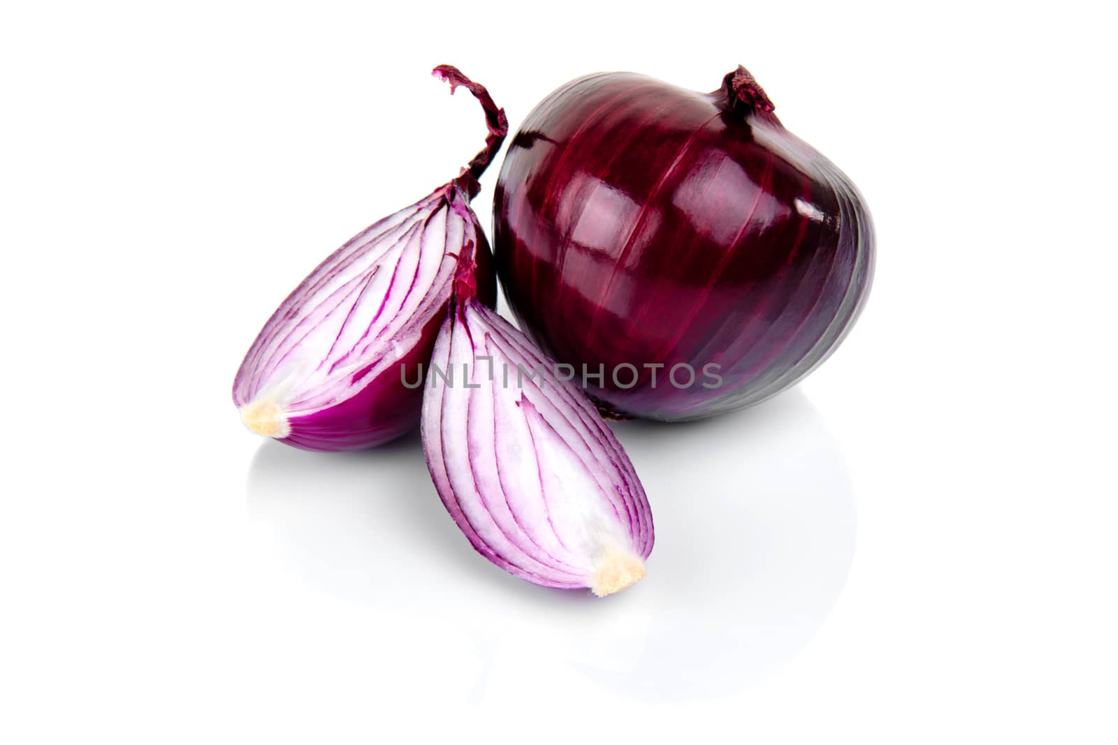 Red onion and half slice on white background with reflect. by leonik