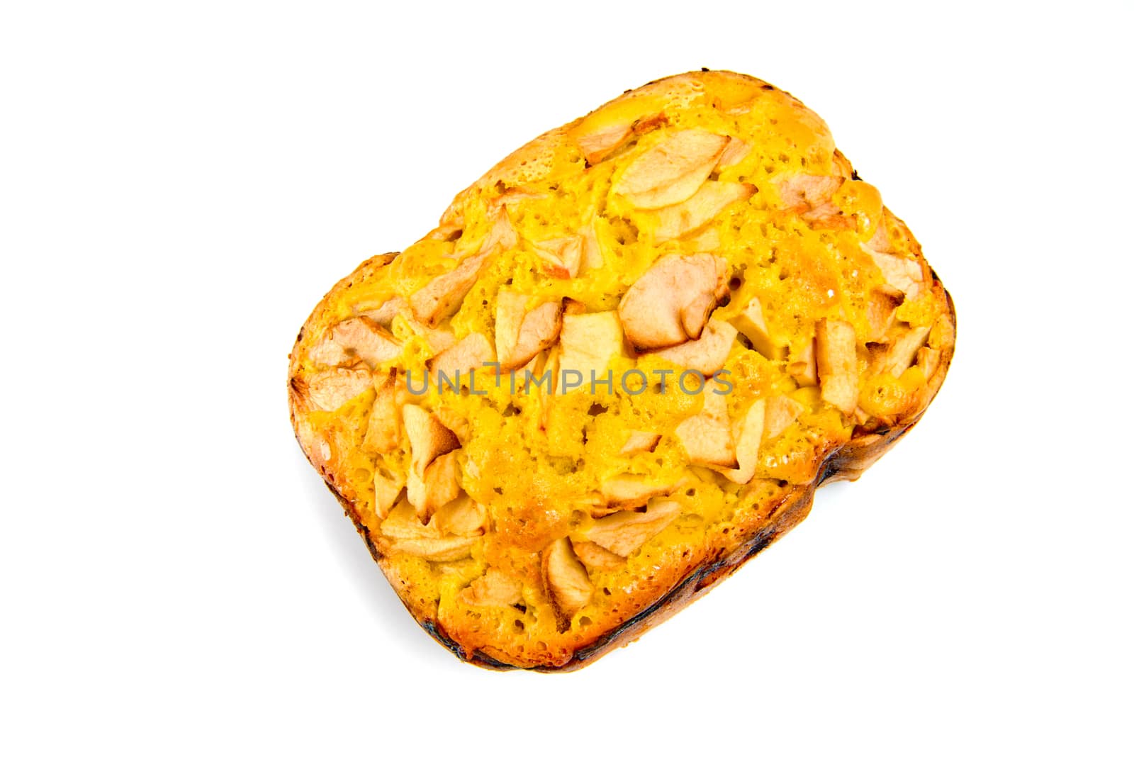 Fresh bakery. Baked pie with apples isolated on white background.