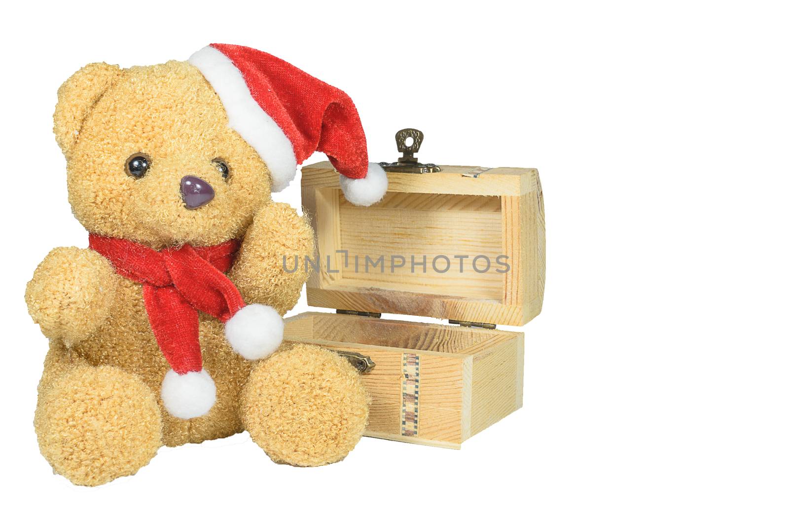 A Christmas Bear Doll has holding Treasure chest with isolated on white.