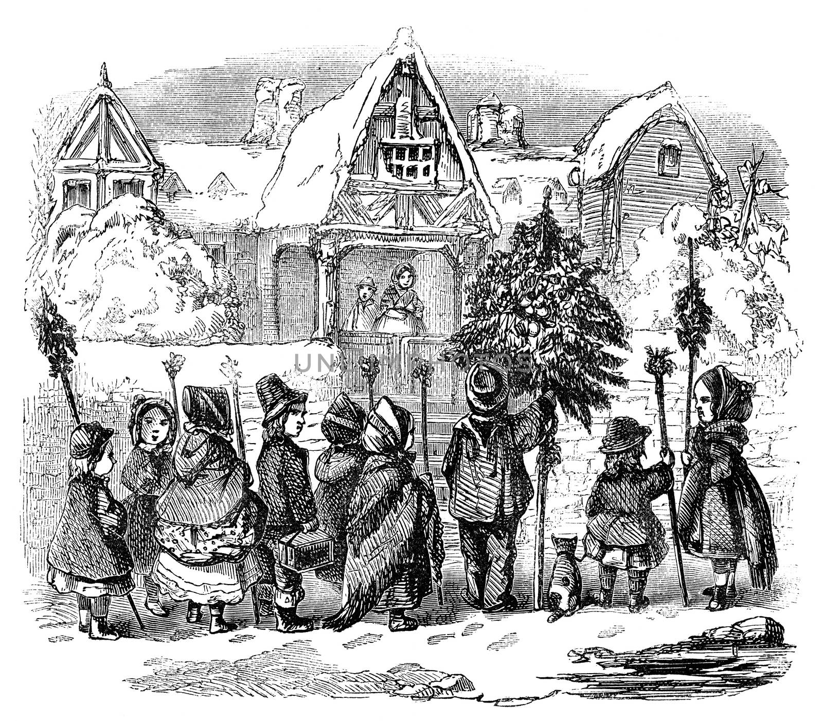 An engraved illustration drawing of children singing Christmas Day morning carols  from a vintage Victorian book dated 1878 that is no longer in copyright
