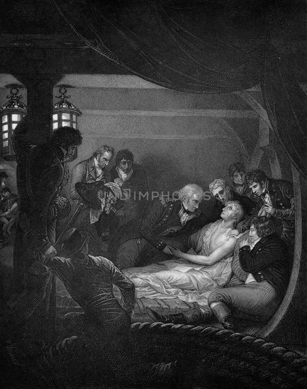 An engraved  vintage illustration image of the death of Admiral Lord Horatio Nelson on HMS Victory after defeating Napoleon Bonaparte at the Battle of Trafalgar in 1805, from a Victorian book dated 1884 that is no longer in copyright