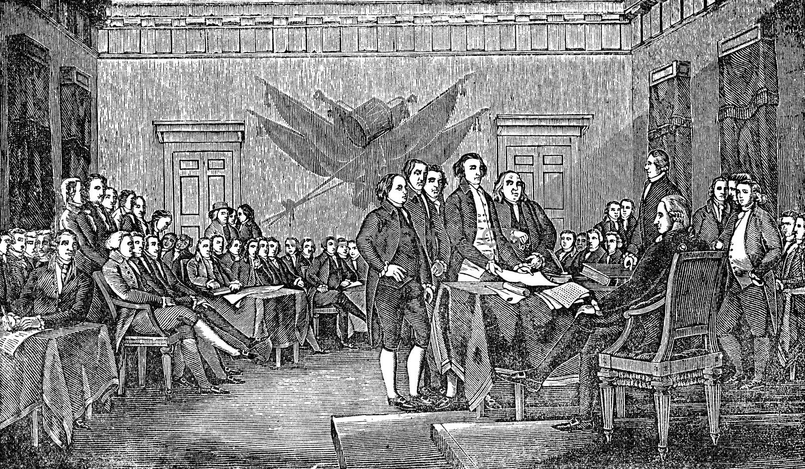 An engraved illustration of the signing the USA  American Declar by ant