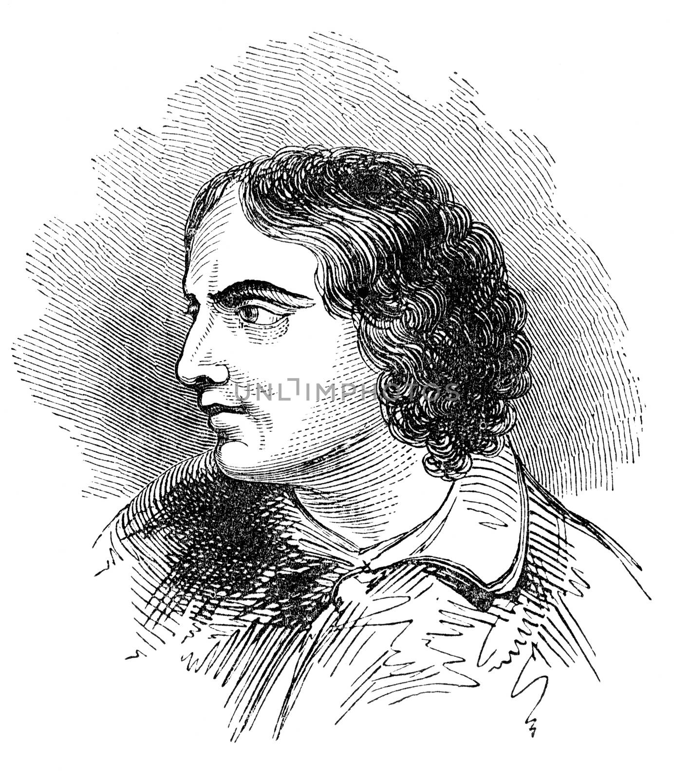An engraved vintage illustration portrait drawing of John Keats, the famous English poet from a Victorian book dated 1878 that is no longer in copyright