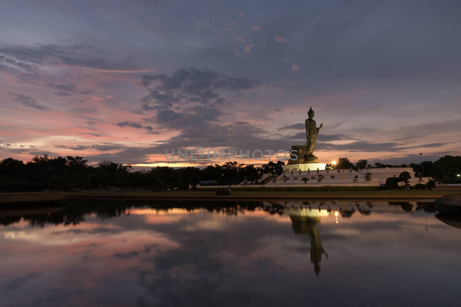 Phutthamonthon is place for Buddhist Dharma with blue sky and sunset in Nakhon Pathom Thailand.
