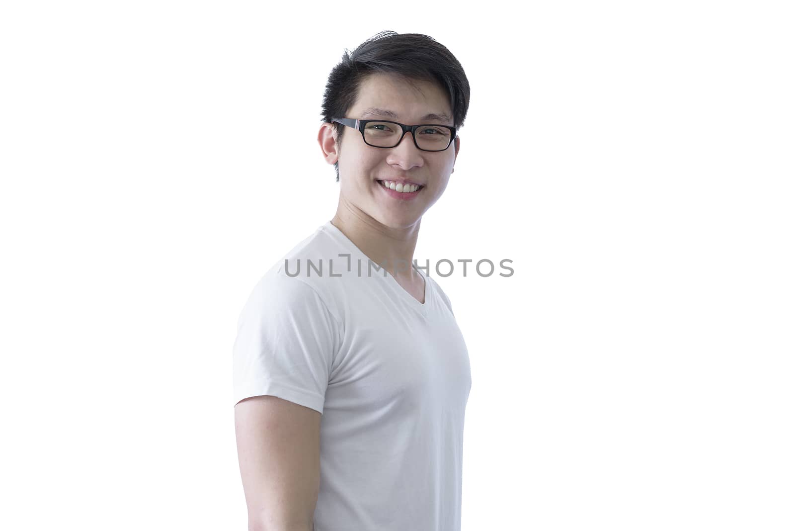 Asian handsome man with white shirt and orange eyeglasses has si by animagesdesign