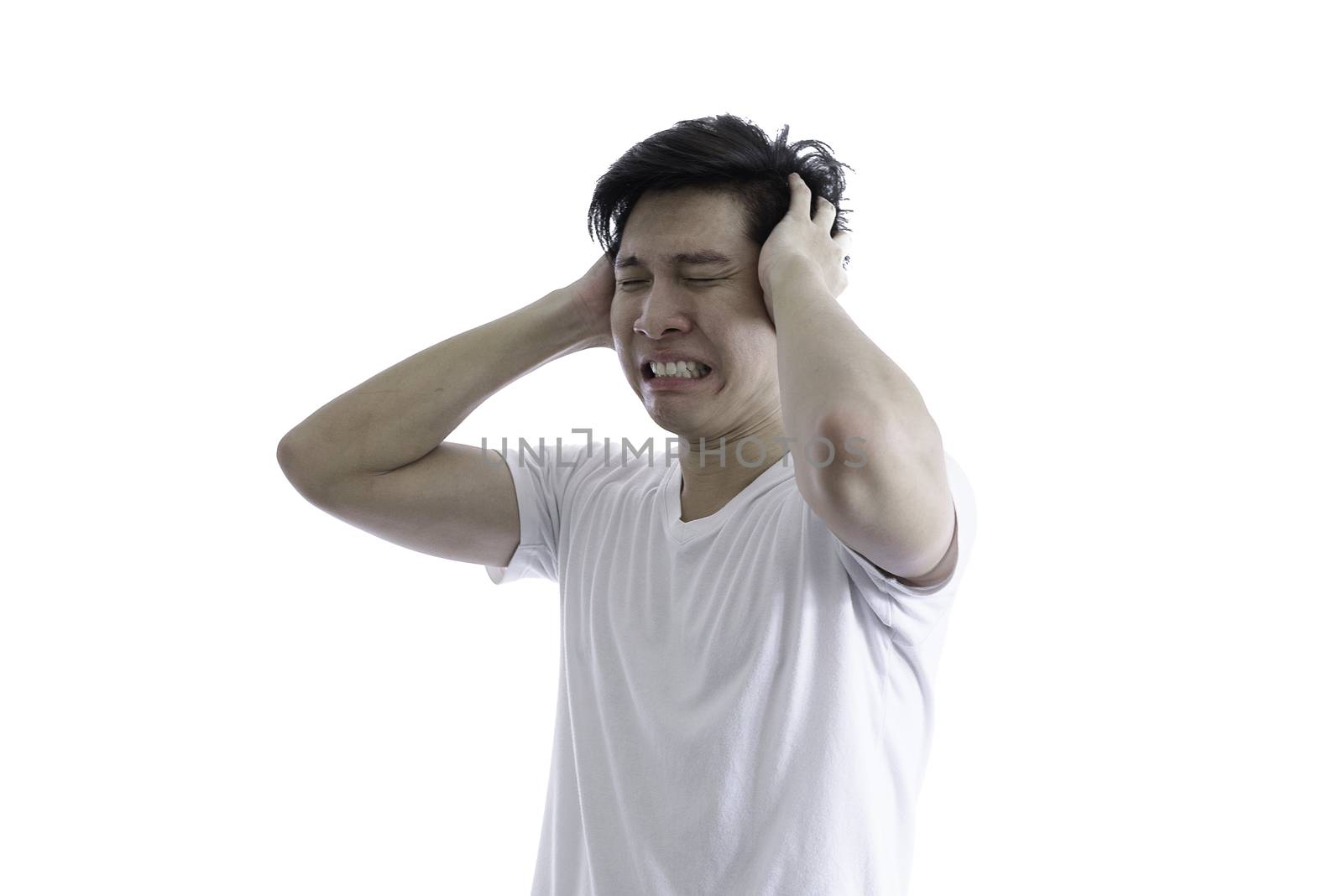 Asian handsome man with white shirt and orange eyeglasses has disappointed and hopeless for luck isolated on white background and clipping paths.